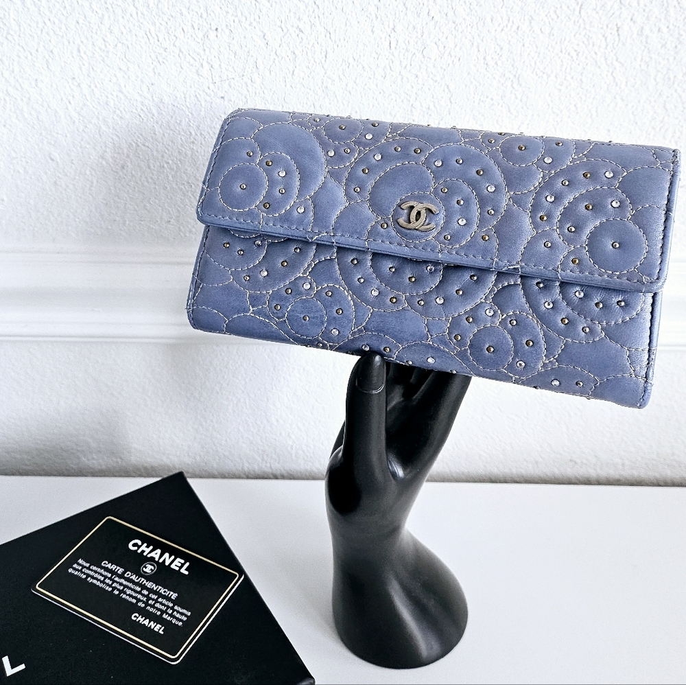 Chanel Periwinkle Camelia Studded Long Flap Wallet